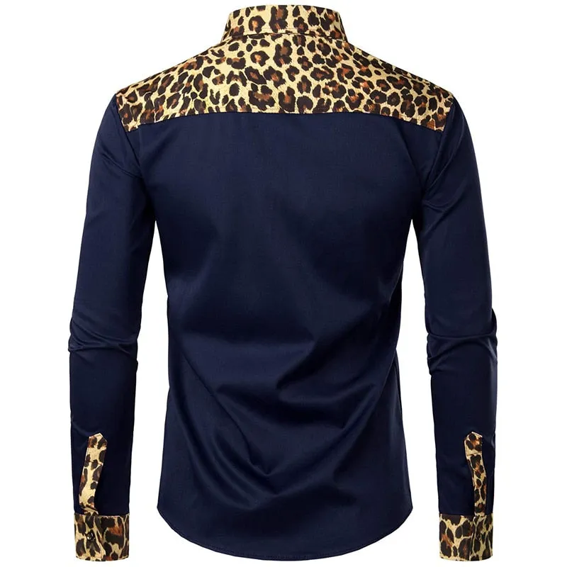 Men's Casual Leopard Printed Slim Fit Button-Up Long Sleeve Shirt