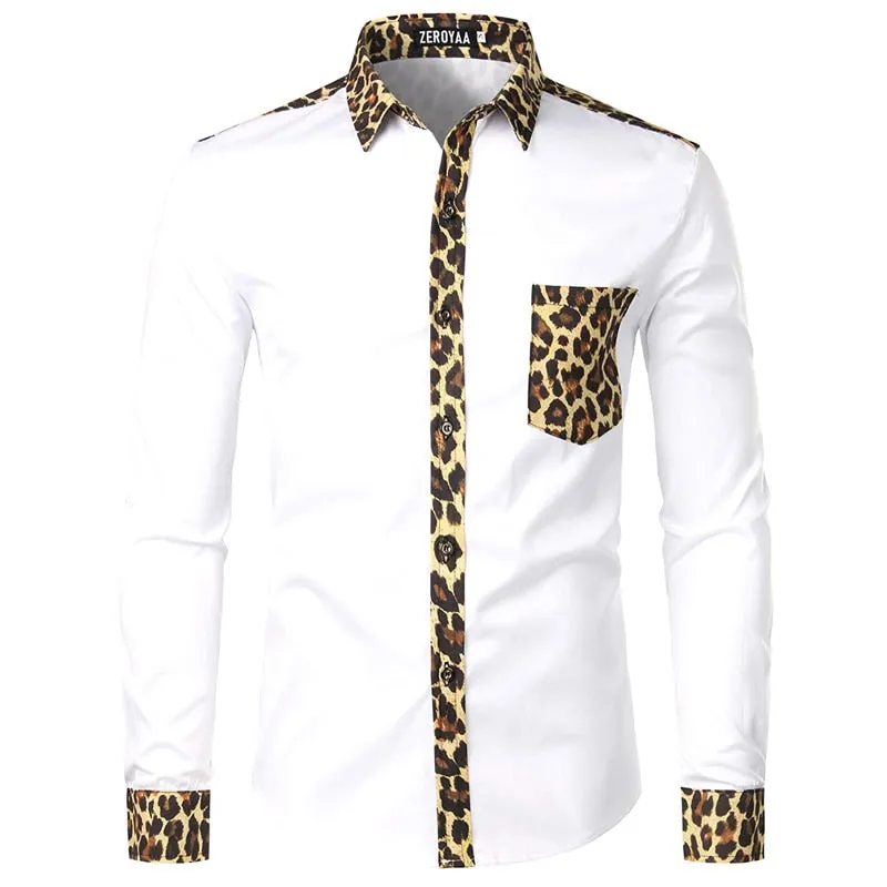 Men's Casual Leopard Printed Slim Fit Button-Up Long Sleeve Shirt