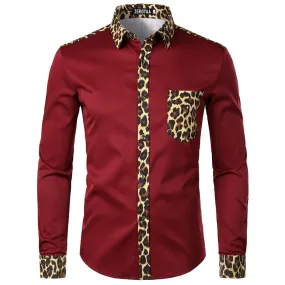 Men's Casual Leopard Printed Slim Fit Button-Up Long Sleeve Shirt