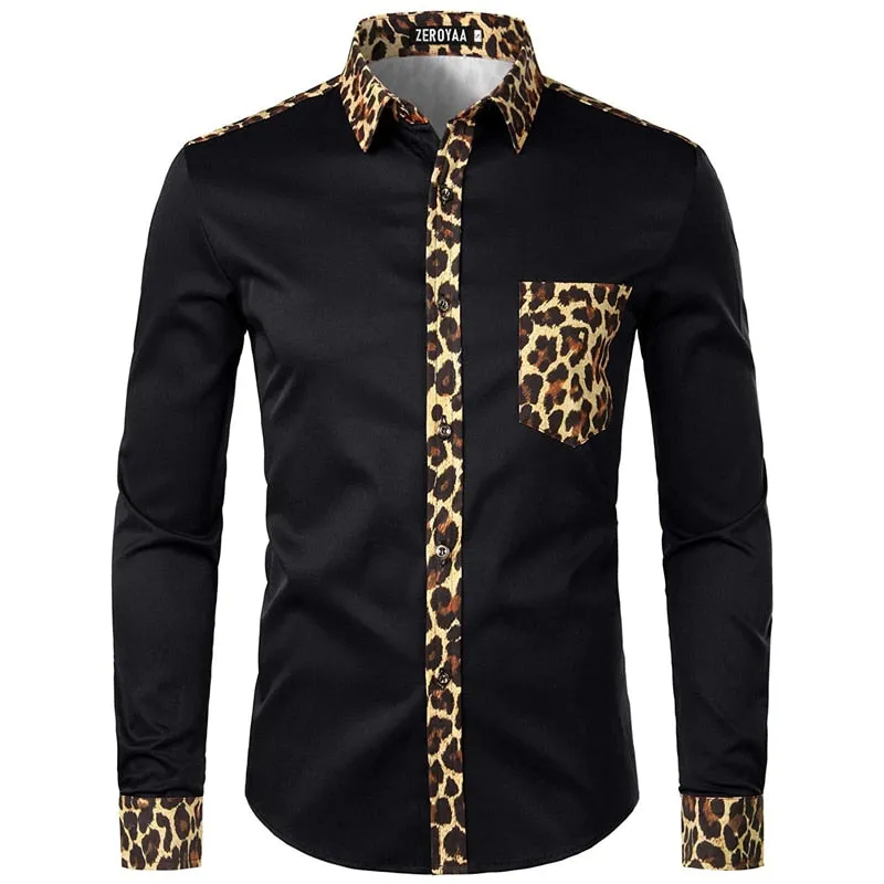 Men's Casual Leopard Printed Slim Fit Button-Up Long Sleeve Shirt