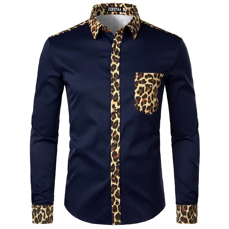 Men's Casual Leopard Printed Slim Fit Button-Up Long Sleeve Shirt