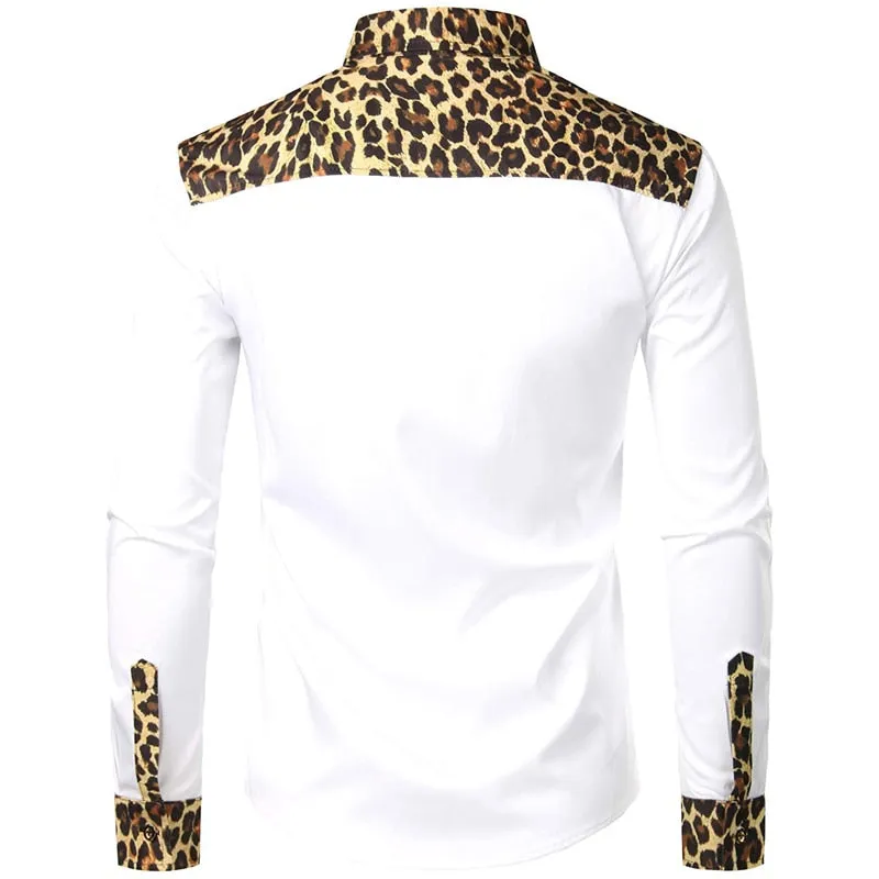 Men's Casual Leopard Printed Slim Fit Button-Up Long Sleeve Shirt