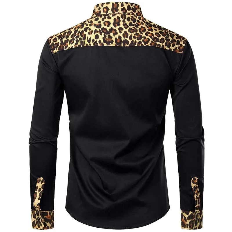 Men's Casual Leopard Printed Slim Fit Button-Up Long Sleeve Shirt