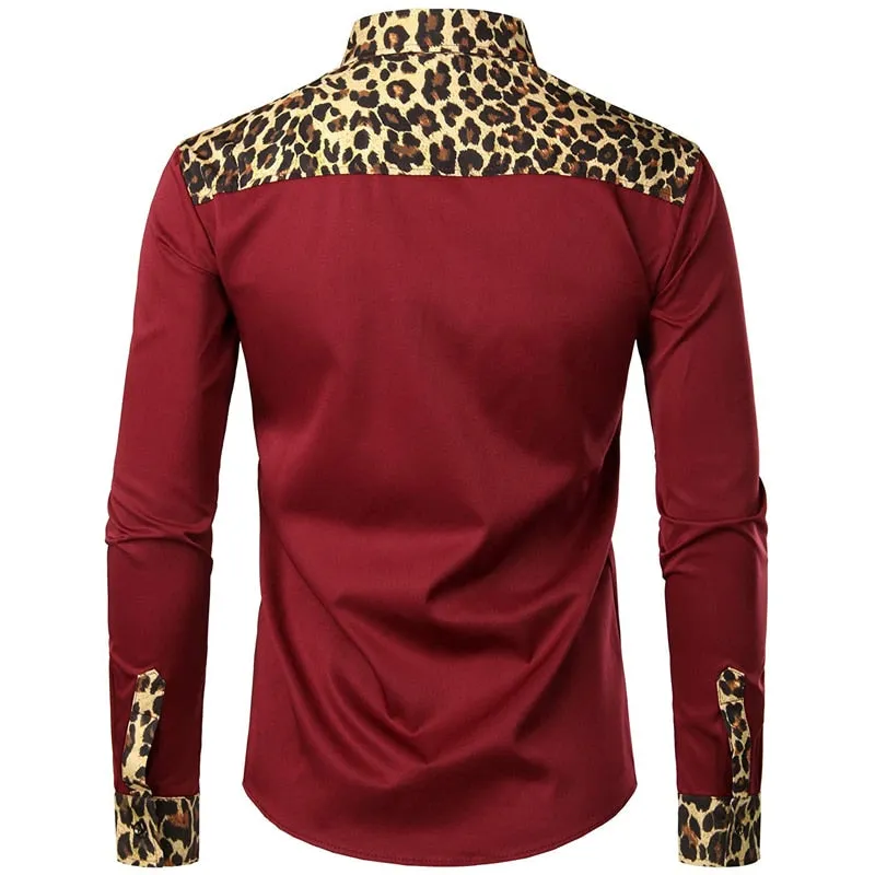 Men's Casual Leopard Printed Slim Fit Button-Up Long Sleeve Shirt