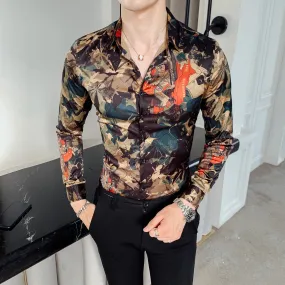 Men's Casual Party Leaf Floral Printed Slim Fit Long Sleeve Dress Shirt