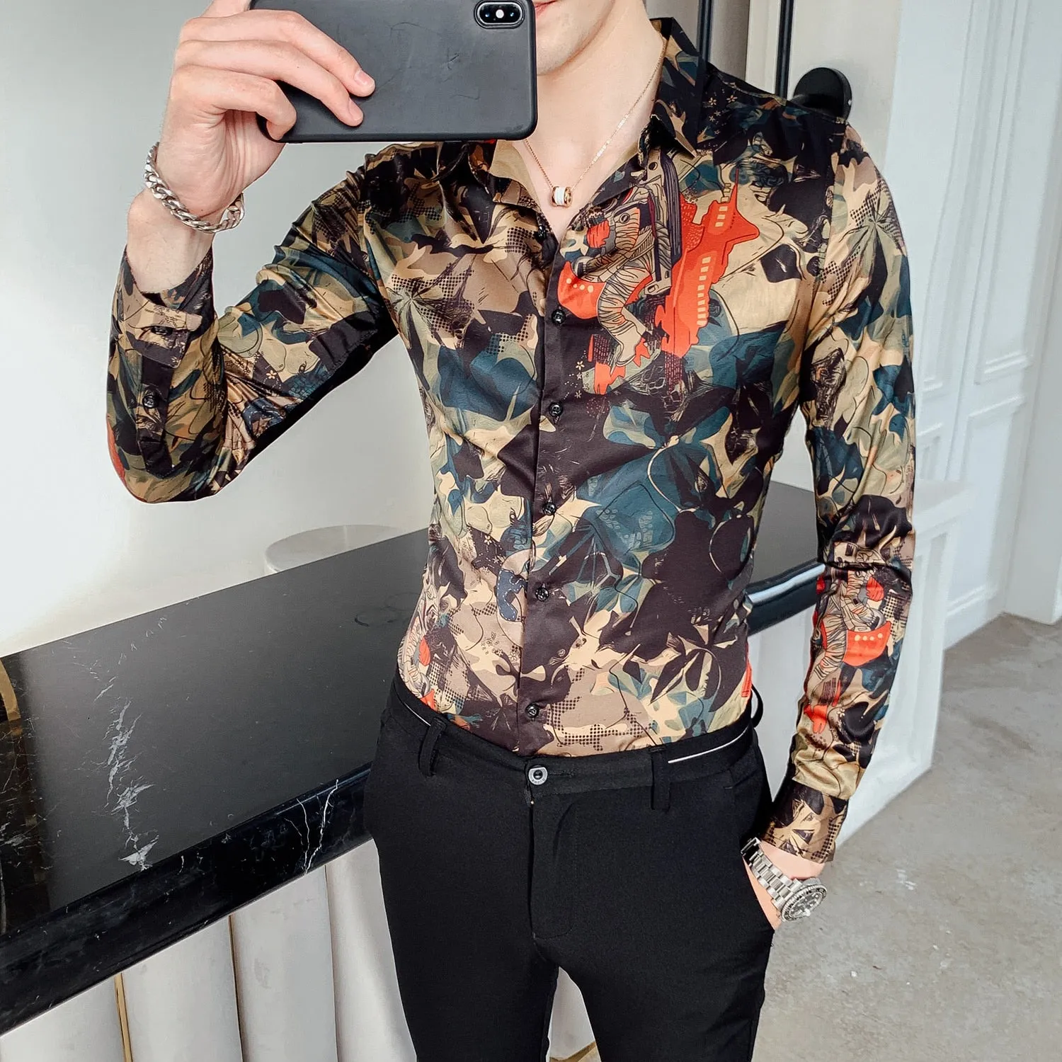 Men's Casual Party Leaf Floral Printed Slim Fit Long Sleeve Dress Shirt