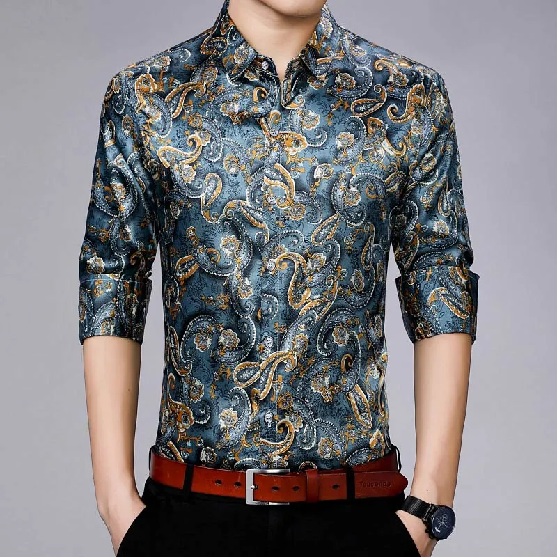 Men's Casual Streetwear Floral Printed Slim Regular Fit Long Sleeve Shirt