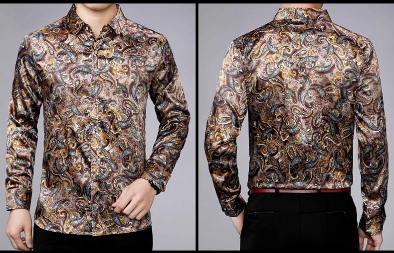 Men's Casual Streetwear Floral Printed Slim Regular Fit Long Sleeve Shirt