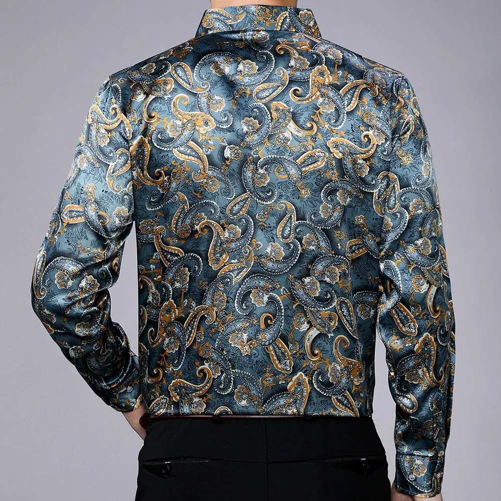 Men's Casual Streetwear Floral Printed Slim Regular Fit Long Sleeve Shirt