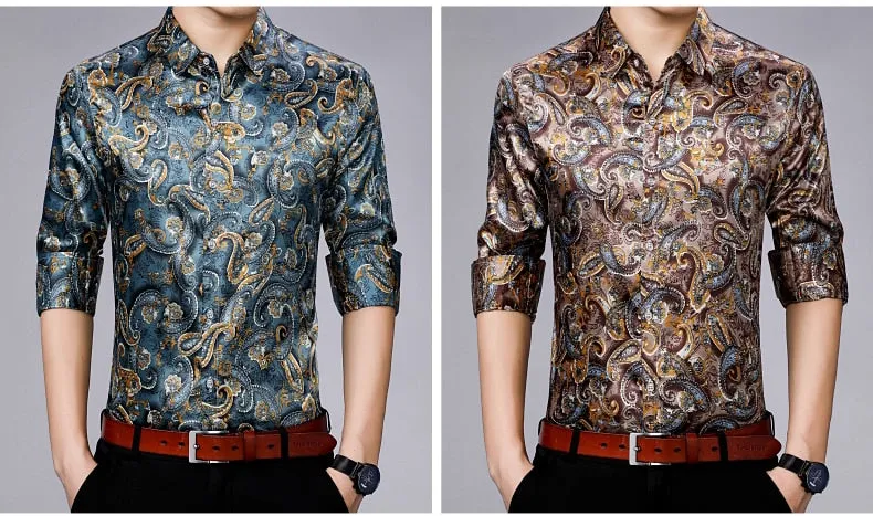 Men's Casual Streetwear Floral Printed Slim Regular Fit Long Sleeve Shirt