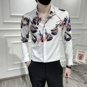 Men's Korean Autumn Floral Printed Slim Fit Night Club Long Sleeve Shirt