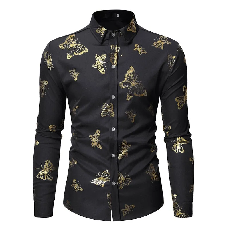 Men's Polyester Butterfly Printed Pattern Slim Fit Long Sleeve Shirt