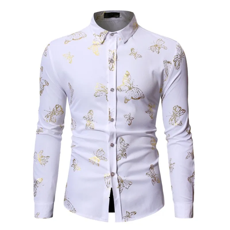 Men's Polyester Butterfly Printed Pattern Slim Fit Long Sleeve Shirt