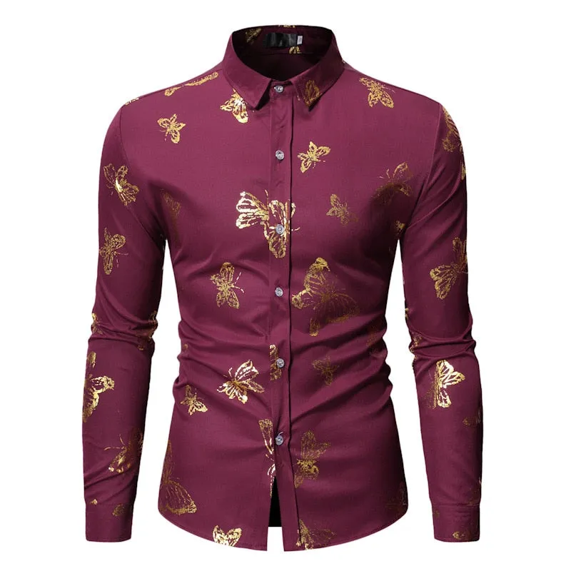 Men's Polyester Butterfly Printed Pattern Slim Fit Long Sleeve Shirt