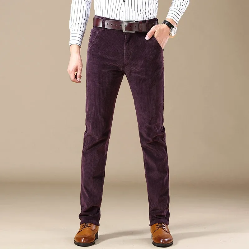 Men's Winter Vintage Style Cotton Mid Waist Casual Business Dress Pants