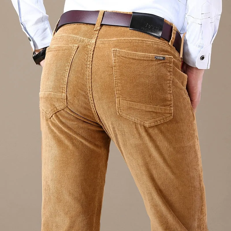 Men's Winter Vintage Style Cotton Mid Waist Casual Business Dress Pants