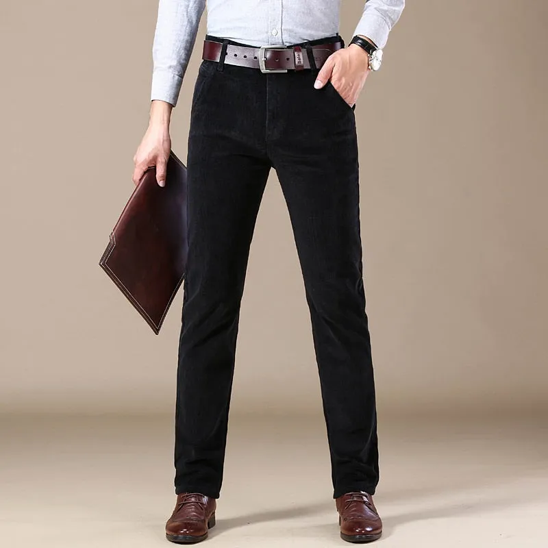 Men's Winter Vintage Style Cotton Mid Waist Casual Business Dress Pants