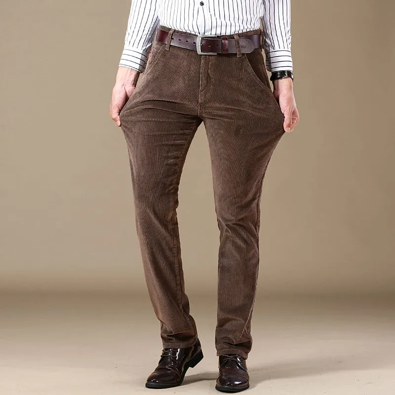 Men's Winter Vintage Style Cotton Mid Waist Casual Business Dress Pants