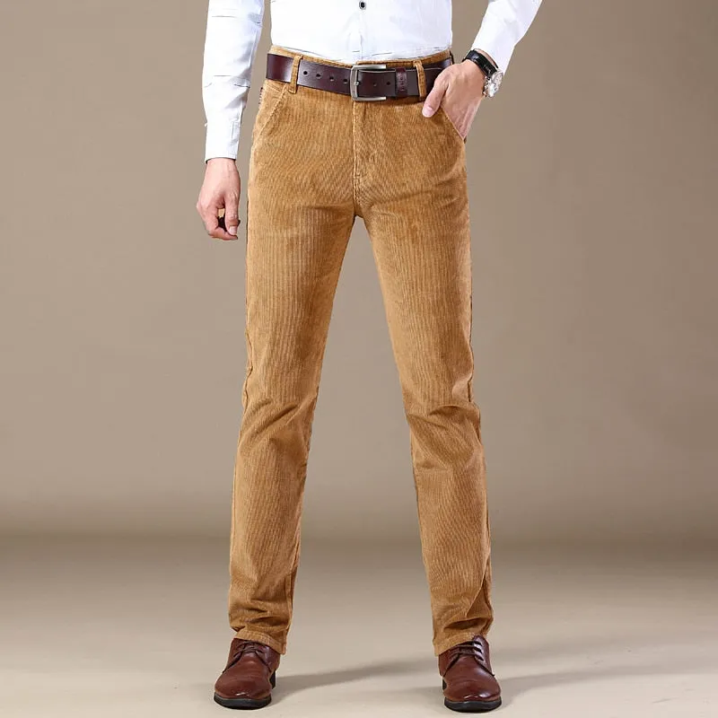 Men's Winter Vintage Style Cotton Mid Waist Casual Business Dress Pants