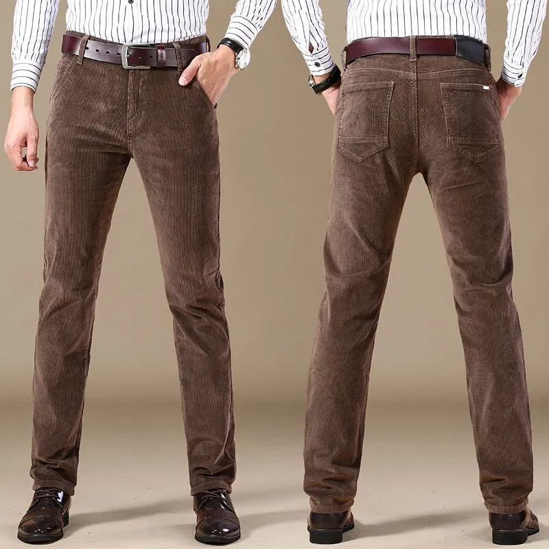 Men's Winter Vintage Style Cotton Mid Waist Casual Business Dress Pants