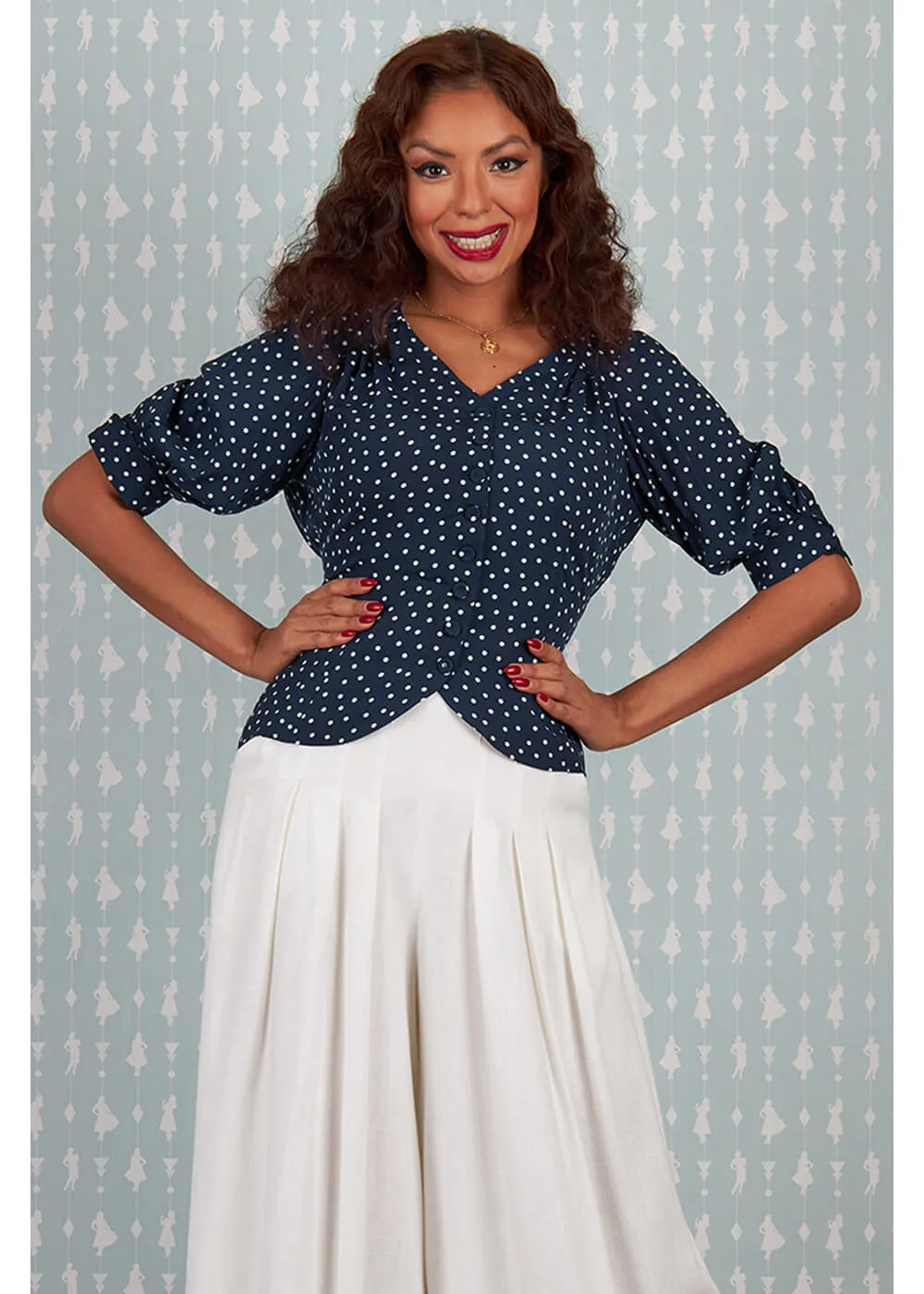 Miss Candyfloss Boronia-Lee Polkadot 40's Blouse Navy Blue