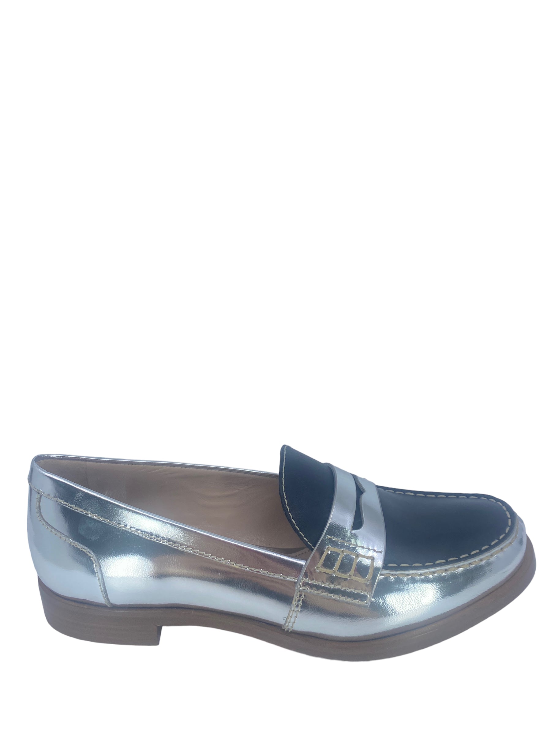 Miu Miu Metallic Silver and Black Leather Penny Loafers Size 37 IT