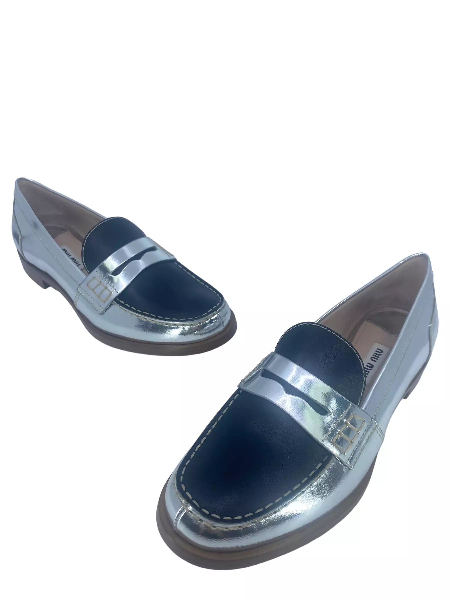 Miu Miu Metallic Silver and Black Leather Penny Loafers Size 37 IT