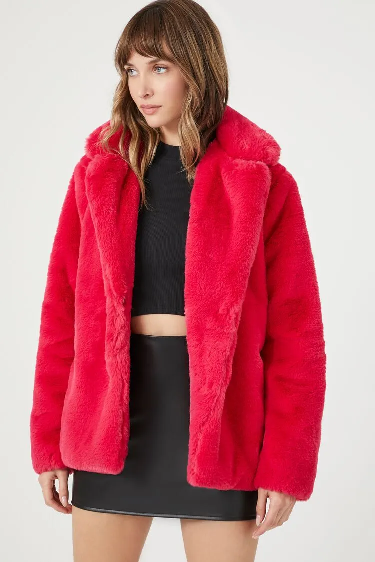 Notched Faux Fur Coat