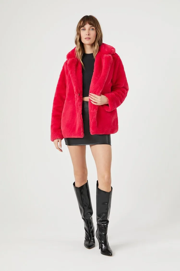 Notched Faux Fur Coat