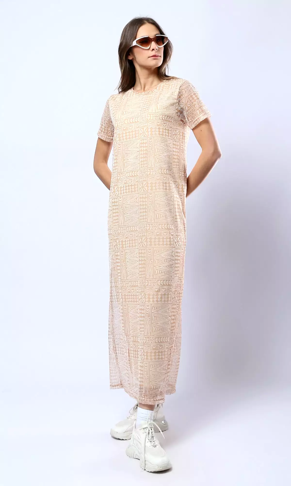 O178301 Wide Round Neck Patterned Camel & White Midi Dress