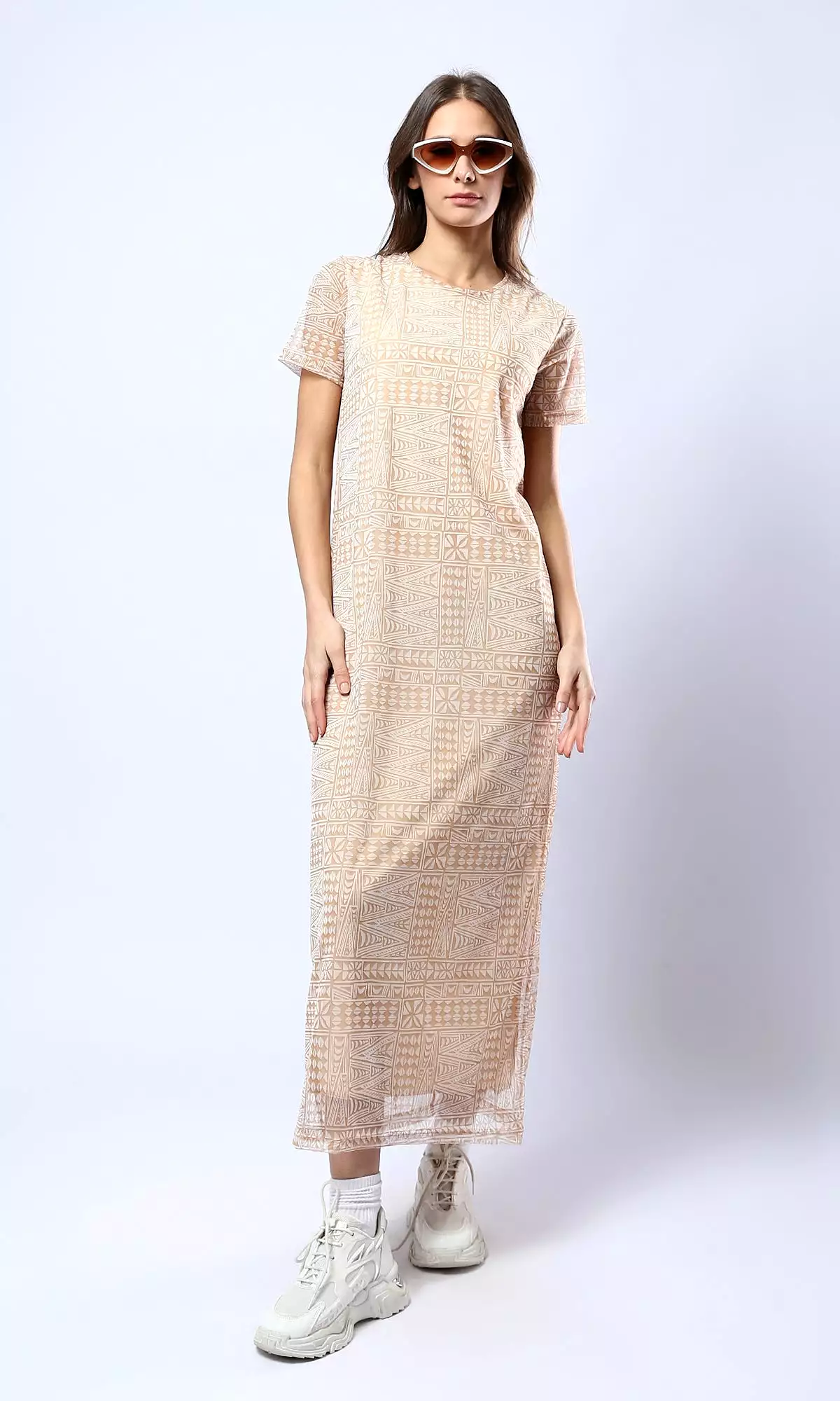 O178301 Wide Round Neck Patterned Camel & White Midi Dress