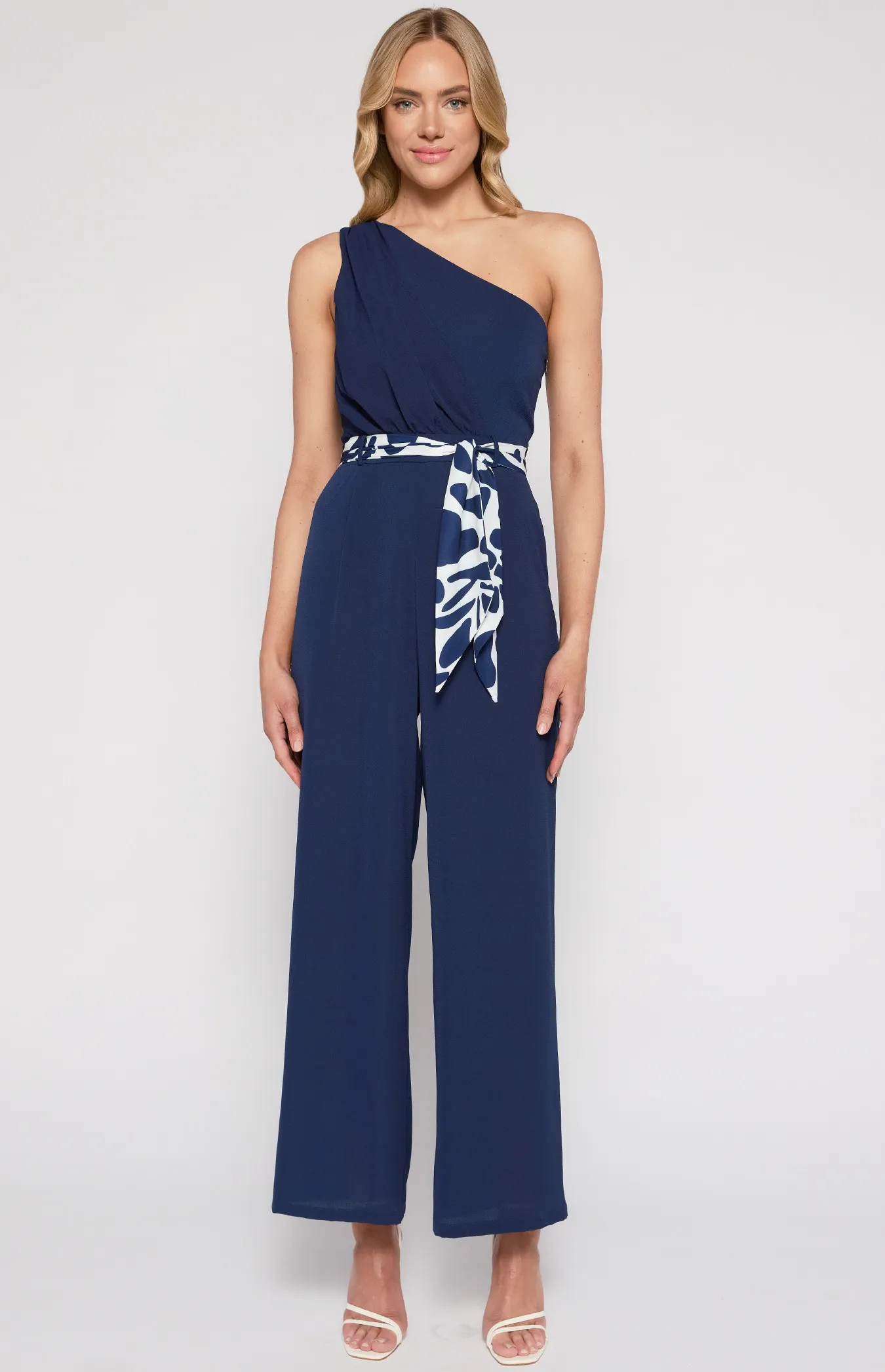  One Shoulder Jumpsuit with Contrast Printed Belt (SJP579A)