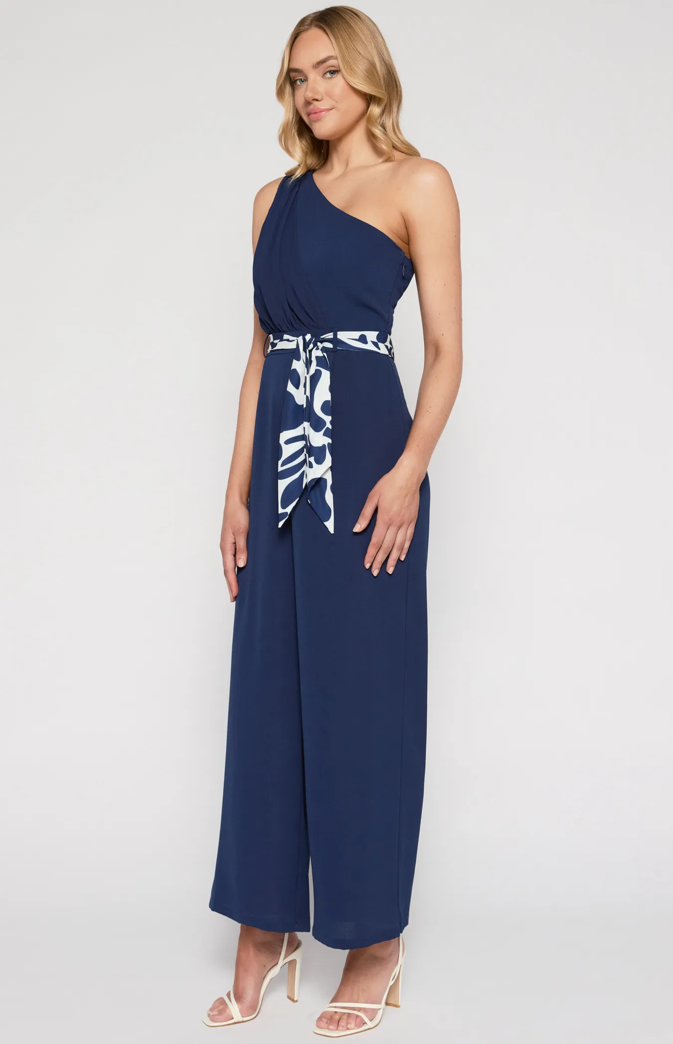  One Shoulder Jumpsuit with Contrast Printed Belt (SJP579A)