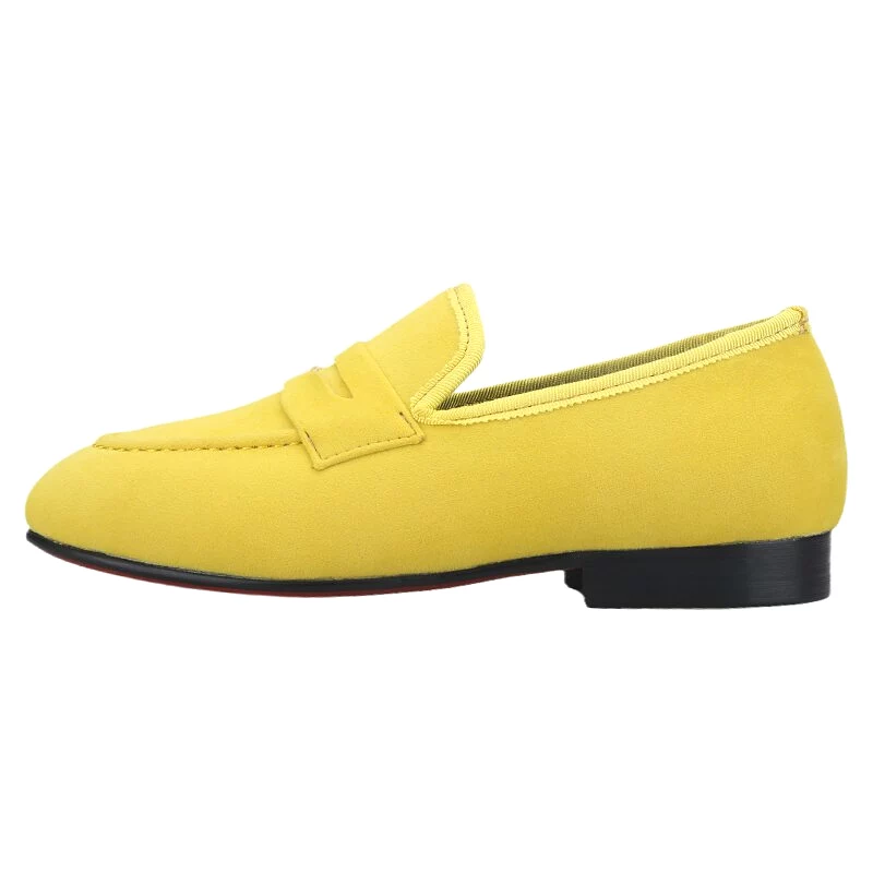 OneDrop Yellow Velvet Children Handmade Kid Penny Loafers Red Outsole Birthday Wedding Party Prom Shoes