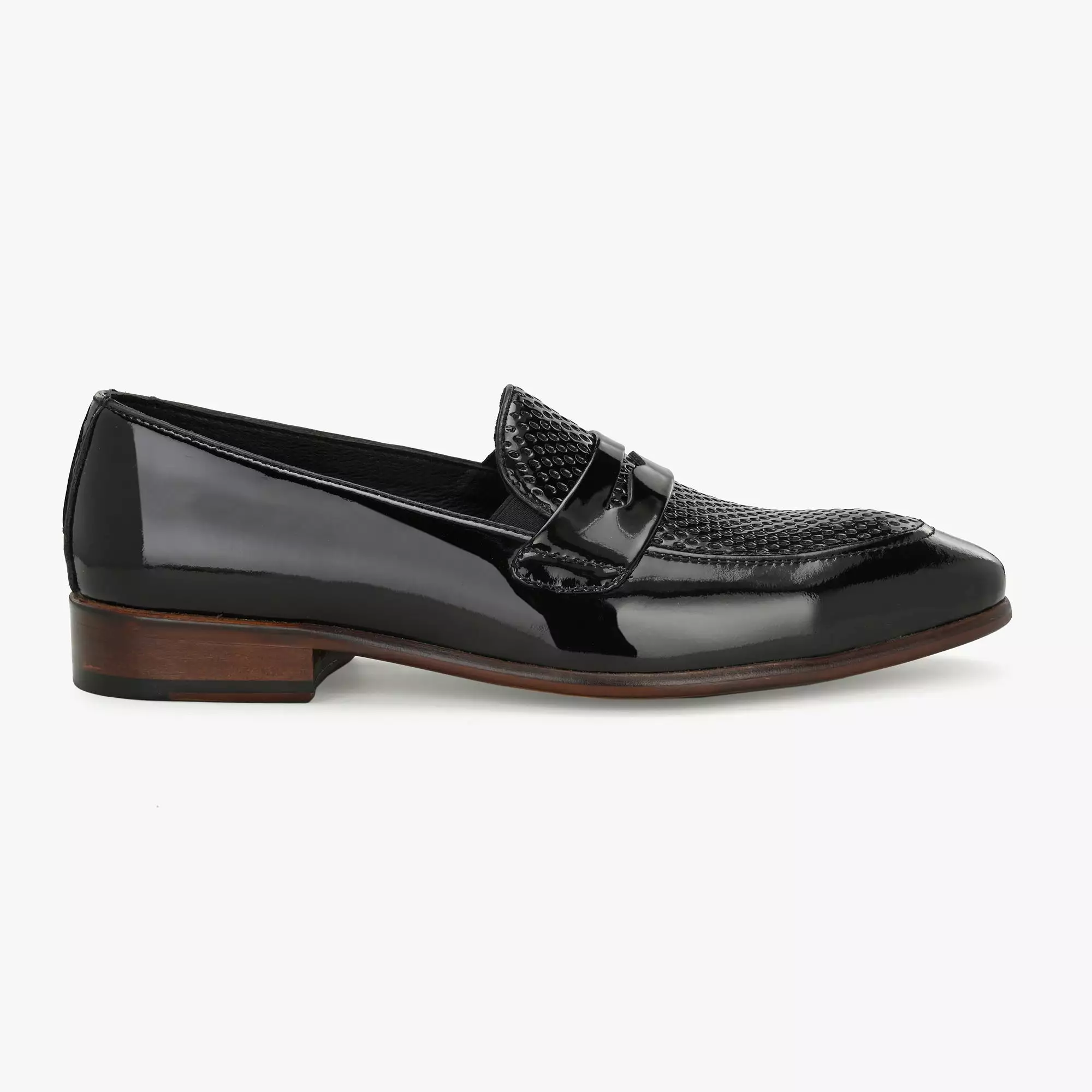 Patent Black Perforated Penny Loafers by Lafattio