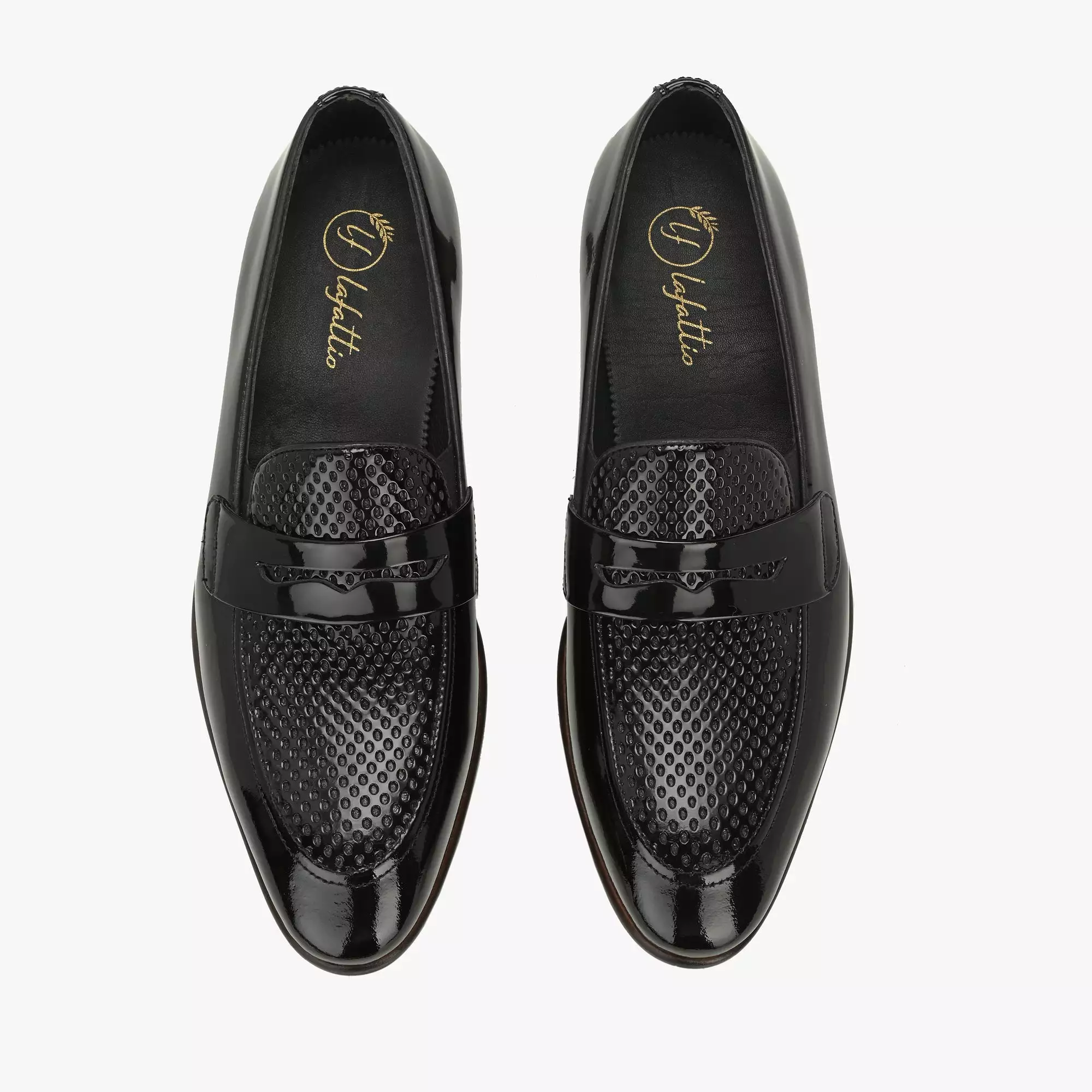 Patent Black Perforated Penny Loafers by Lafattio