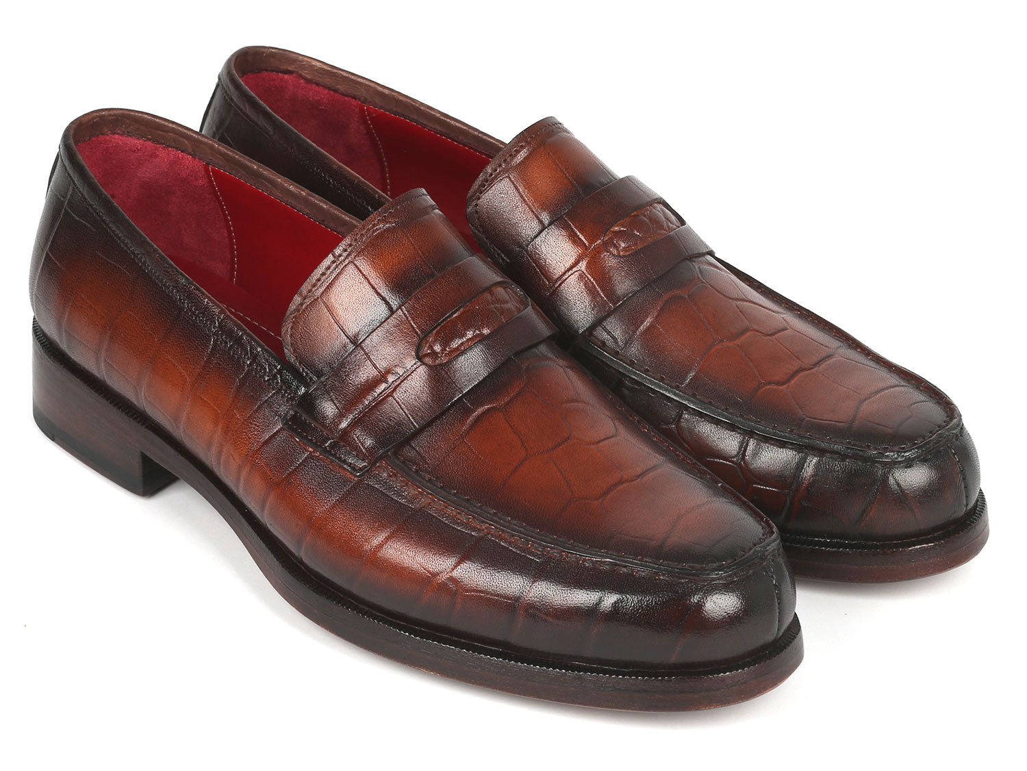 Paul Parkman Brown Crocodile Embossed Calfskin Penny Loafers - 3857-BRW