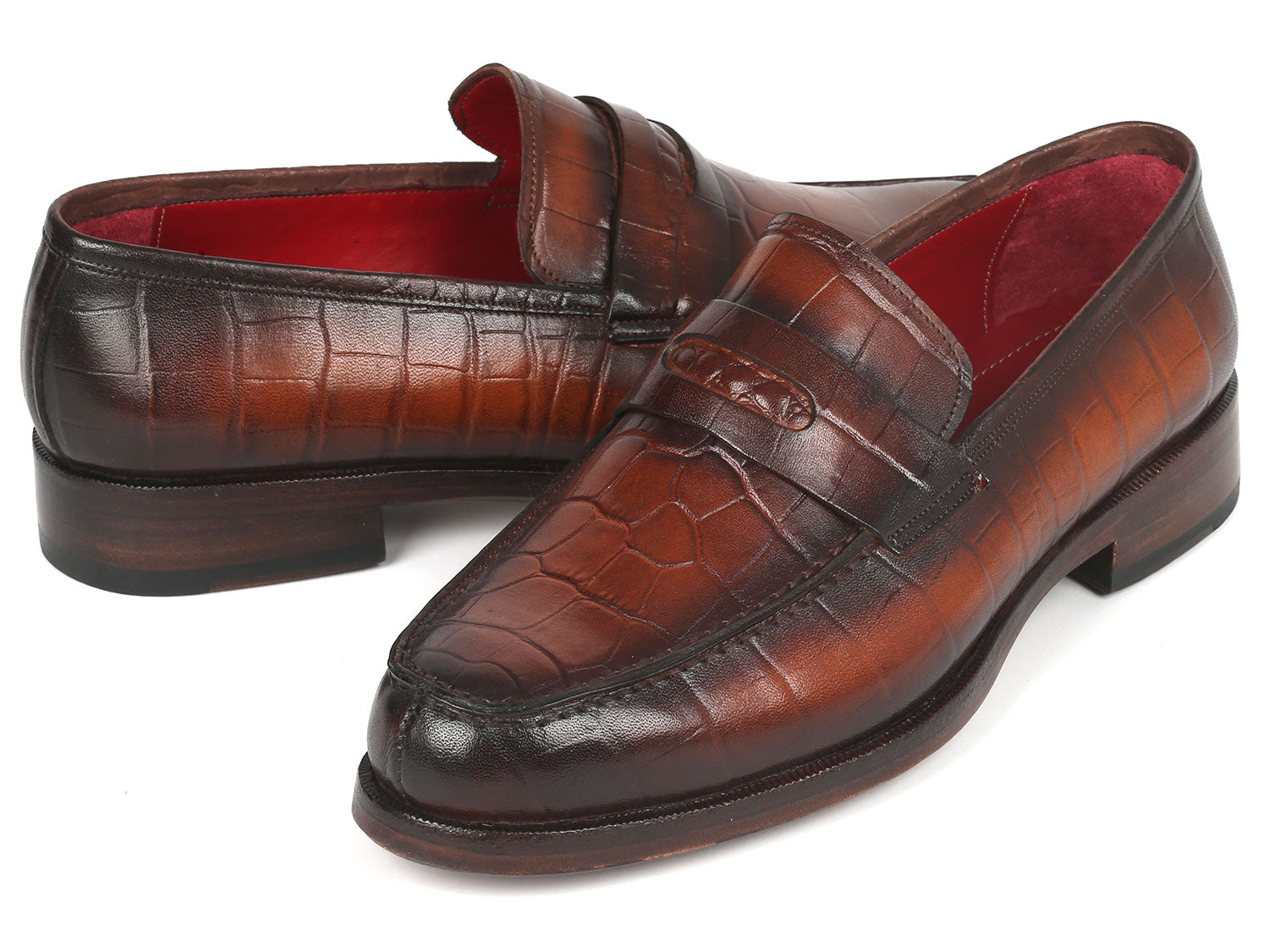 Paul Parkman Brown Crocodile Embossed Calfskin Penny Loafers - 3857-BRW