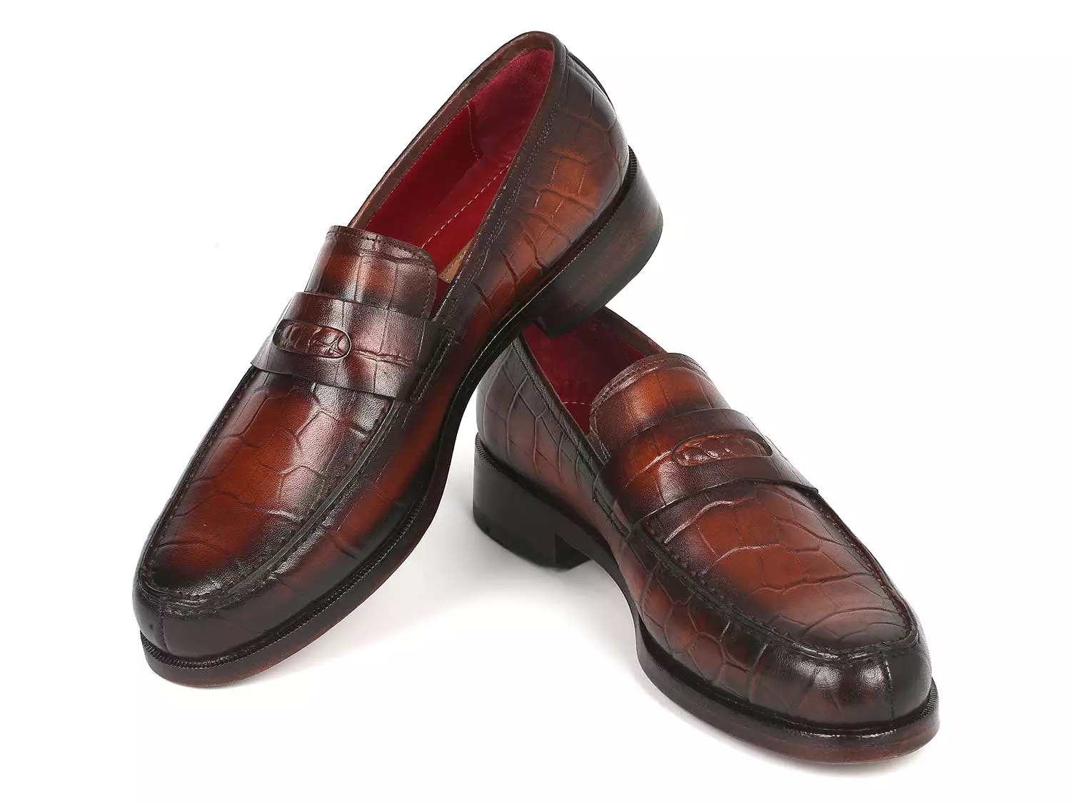 Paul Parkman Brown Crocodile Embossed Calfskin Penny Loafers - 3857-BRW