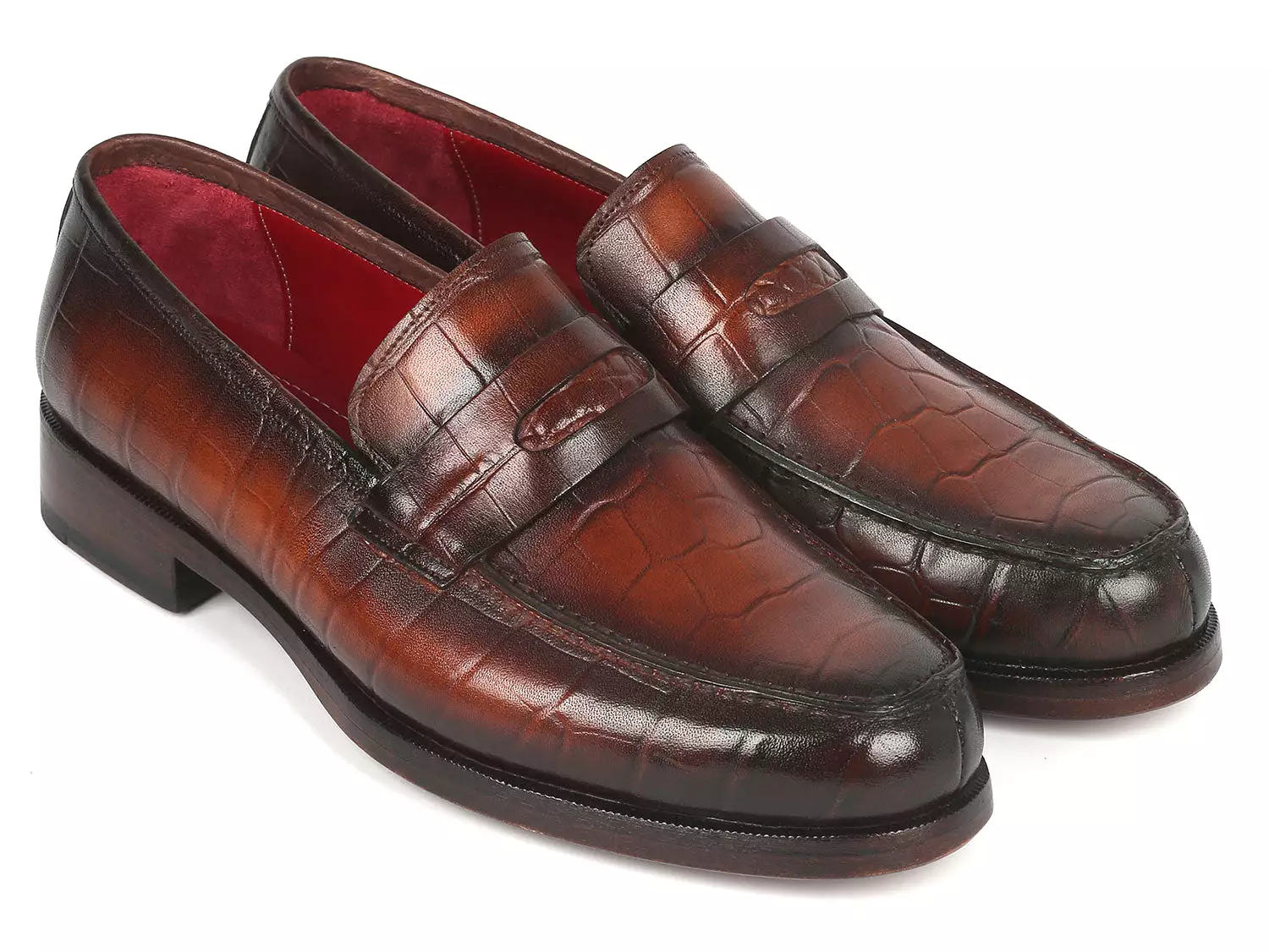 Paul Parkman Brown Crocodile Embossed Calfskin Penny Loafers - 3857-BRW