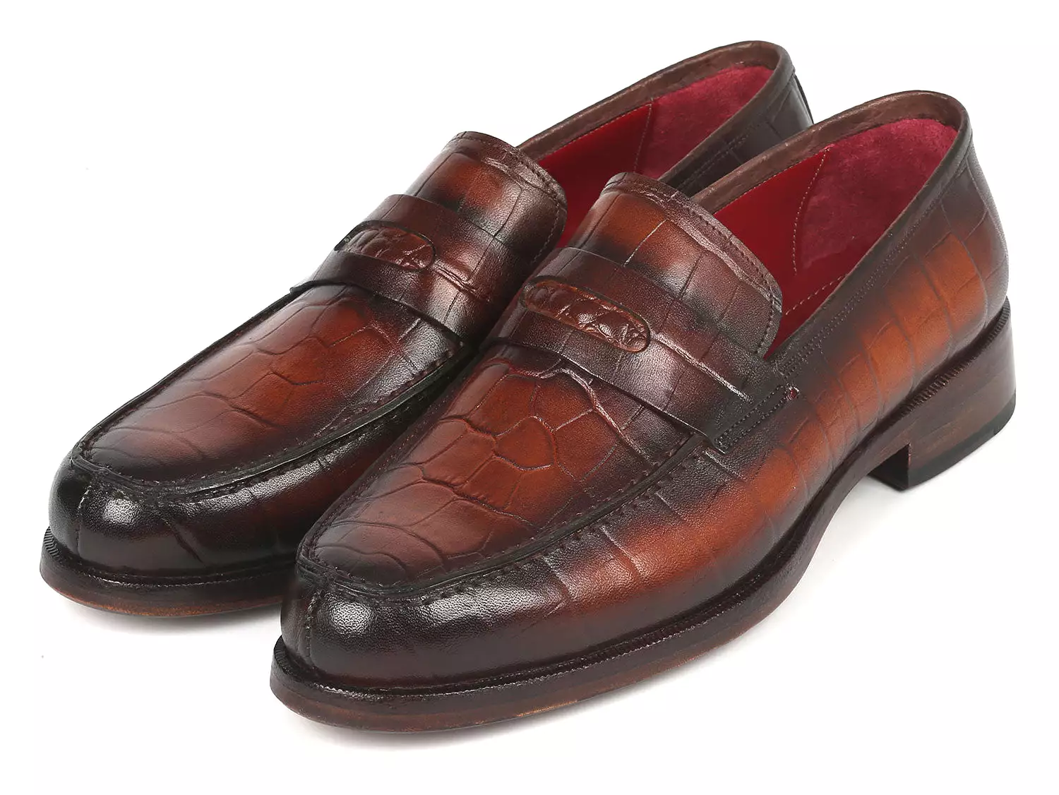 Paul Parkman Brown Crocodile Embossed Calfskin Penny Loafers - 3857-BRW