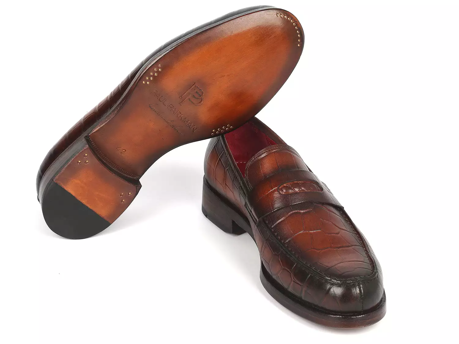 Paul Parkman Brown Crocodile Embossed Calfskin Penny Loafers - 3857-BRW