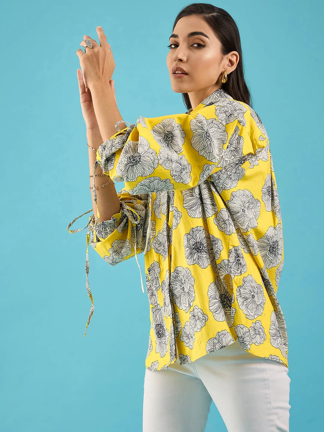 Printed Cotton Shirt with Tie Up Sleeves