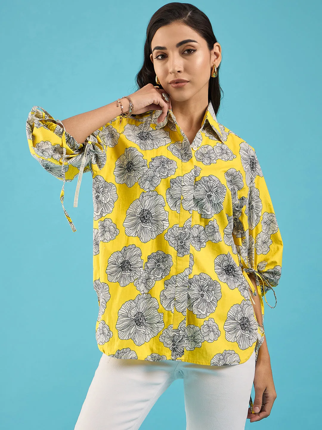 Printed Cotton Shirt with Tie Up Sleeves