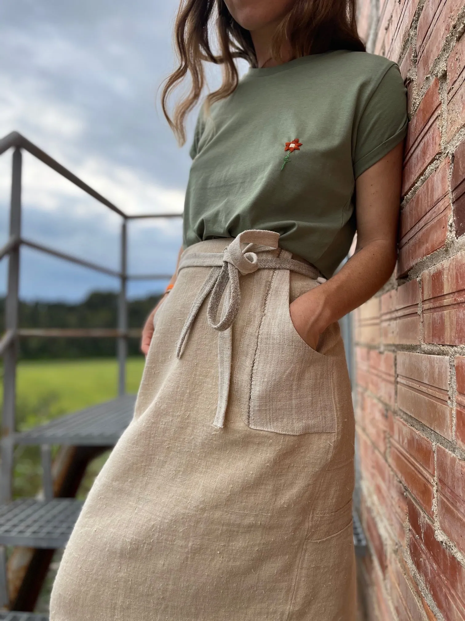 Quillt hand stitched linen Skirt - Apron