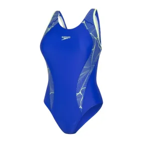 Speedo Women's Printed Fit Lane Back Swimsuit (Chroma Blue/Bright Zest)