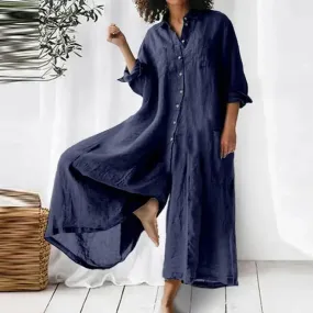 Spring Summer Solid Cotton Linen Shirt Jumpsuit Women B-89137