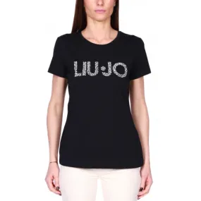 T-SHIRT GIROCOLLO CON STRASS E PERLE, NERO