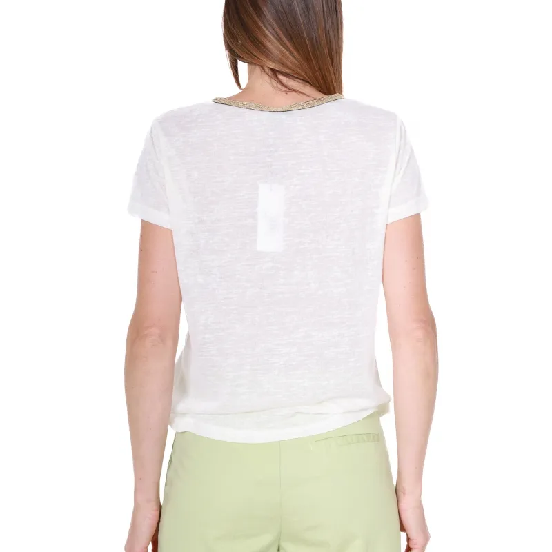 T-SHIRT SCOLLO A V IN MAGLIA, BURRO