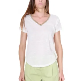 T-SHIRT SCOLLO A V IN MAGLIA, BURRO